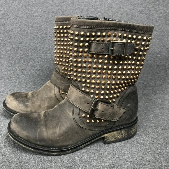 Steve Madden Monicaa Zip Up Studded Moto Mid Calf Taupe Leather Boots Womens 7.5 - Picture 1 of 8